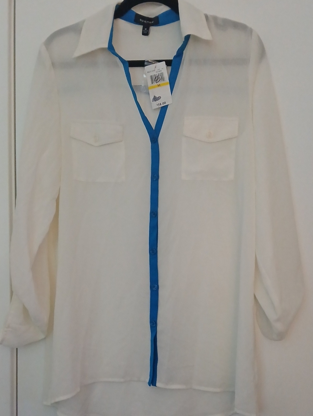 Spense White Sheer Button-Up Blouse with Blue Trim